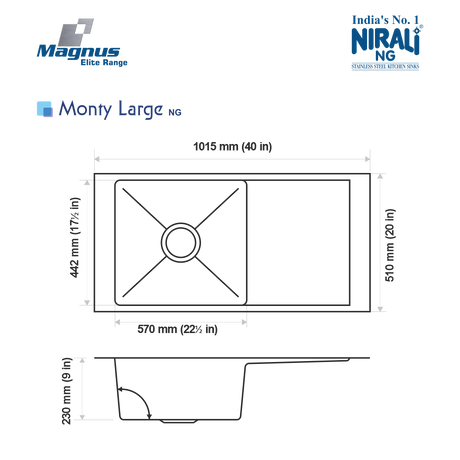 SS SINK 1.0 BOWL WITH DRAIN BOARD (DEPTH 9  ) MONTY LARGE (1MM THICKNESS) - NIRALI -  ( SATIN - MAGNUS ELITE RANGE - 1015x510 mm - 40inchX20inch )