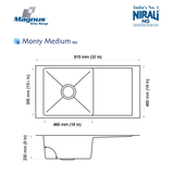 SS SINK 1.0 BOWL WITH DRAIN BOARD (DEPTH 9  ) MONTY MEDIUM (1MM THICKNESS) - NIRALI -  ( SATIN - MAGNUS ELITE RANGE - 815x460 mm - 32inchX18inch )