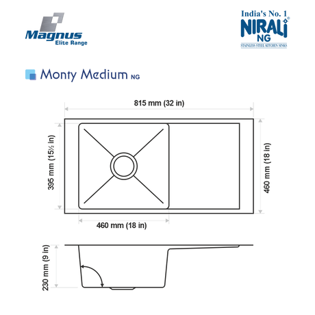 SS SINK 1.0 BOWL WITH DRAIN BOARD (DEPTH 9  ) MONTY MEDIUM (1MM THICKNESS) - NIRALI -  ( SATIN - MAGNUS ELITE RANGE - 815x460 mm - 32inchX18inch )