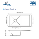 SS SINK 1.0 BOWL WITH DRAIN BOARD (DEPTH 9  ) MONTY SMALL (1MM THICKNESS) - NIRALI -  ( SATIN - MAGNUS ELITE RANGE - 765x510 mm - 30.6inchX20.4inch )
