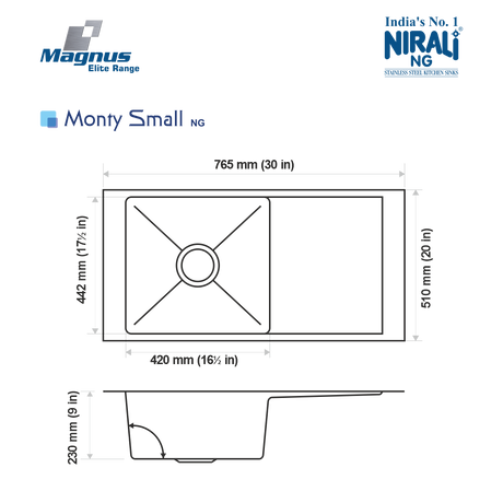 SS SINK 1.0 BOWL WITH DRAIN BOARD (DEPTH 9  ) MONTY SMALL (1MM THICKNESS) - NIRALI -  ( SATIN - MAGNUS ELITE RANGE - 765x510 mm - 30.6inchX20.4inch )