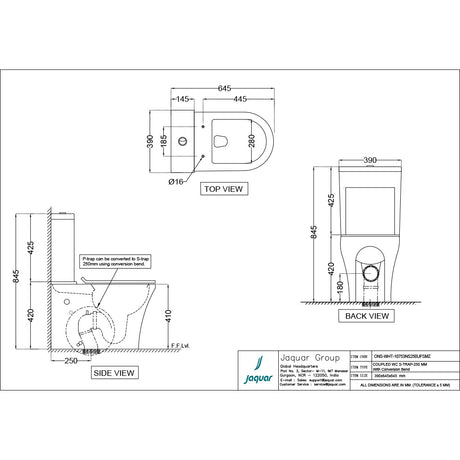 RIMLESS EWC W/CISTERN FOR COUPLED S-TRAP 250 W/UF SOFT CLOSE SLIM SEAT COVER - JAQUAR SWARE - ( WHITE - ORNAMIX - 645x390 mm - 25.8inchX15.6inch )