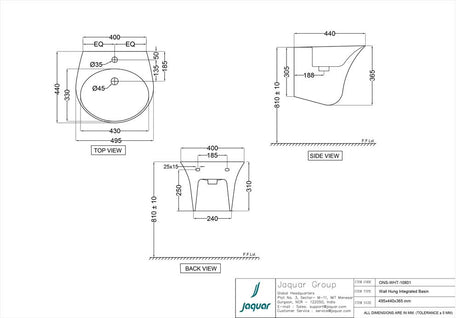 WALL HUNG INTEGRATED BASIN - JAQUAR SWARE -  ( WHITE - ORNAMIX - 495×440×365 mm- 19.8×17.6×14.6 inches)