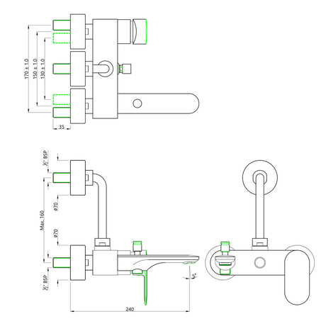 S.L. WALL MIXER 3 IN 1 - JAQUAR FAUCETS -  ( BLACK MATT - OPAL PRIME - 0x15 mm - 0inchX0.5inch )