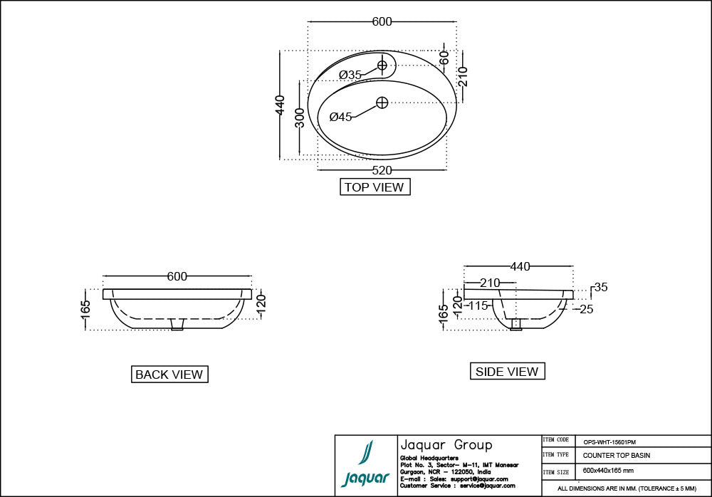 COUNTER TOP BASIN - JAQUAR SWARE - ( WHITE - OPAL - 600x440 mm - 24inchX17.6inch )