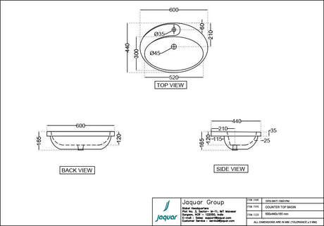 COUNTER TOP WASH BASIN - JAQUAR SWARE -  ( WHITE - OPAL - 600x440 mm - 24inchX17.6inch )
