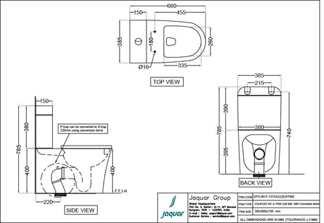 RIMLESS COUPLED EWC S TRAP 220MM(W/SEATCOVER UF/SC SLIM/SC)- JAQUAR SWARE - ( WHITE - OPAL - 0x0 mm - 0inchX0inch )