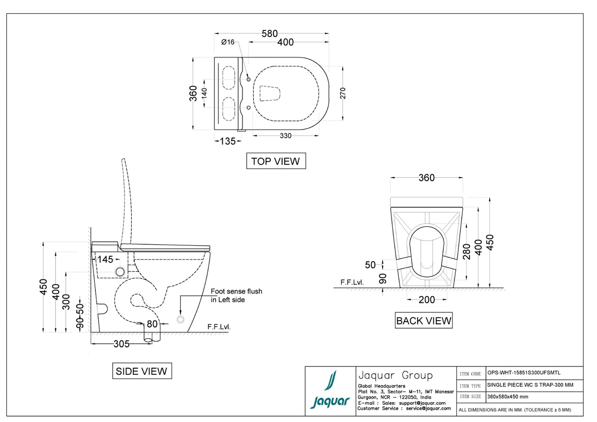 TANKLESS 1P WC W/UF SOFT CLOSE SLIM SC W/HINGES & ACCESSORIES, S TRAP-300 MM - JAQUAR SWARE - ( WHITE - OPAL - 580x360 mm - 22.8inchX14.2inch )