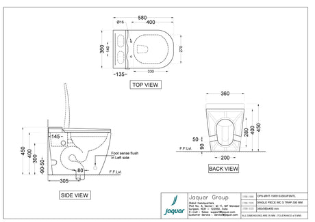 TANKLESS 1P WC W/UF SOFT CLOSE SLIM SC W/HINGES & ACCESSORIES, S TRAP-300 MM - JAQUAR SWARE - ( WHITE - OPAL - 580x360 mm - 22.8inchX14.2inch )