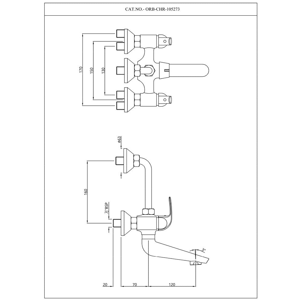 WALL MIXER 3 IN 1 W/BEND - ESSCO FAUCET -  ( CHROME - ORBIT - 0x15 mm - 0inchX0.5inch )