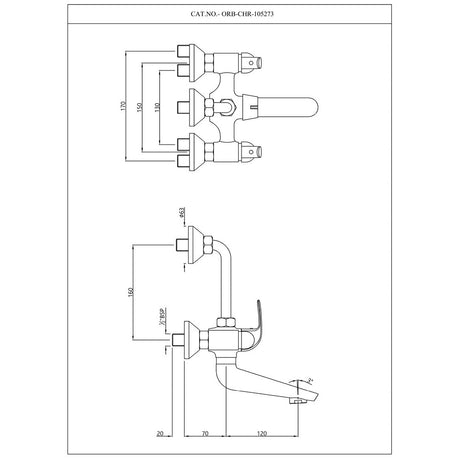 WALL MIXER 3 IN 1 W/BEND - ESSCO FAUCET -  ( CHROME - ORBIT - 0x15 mm - 0inchX0.5inch )