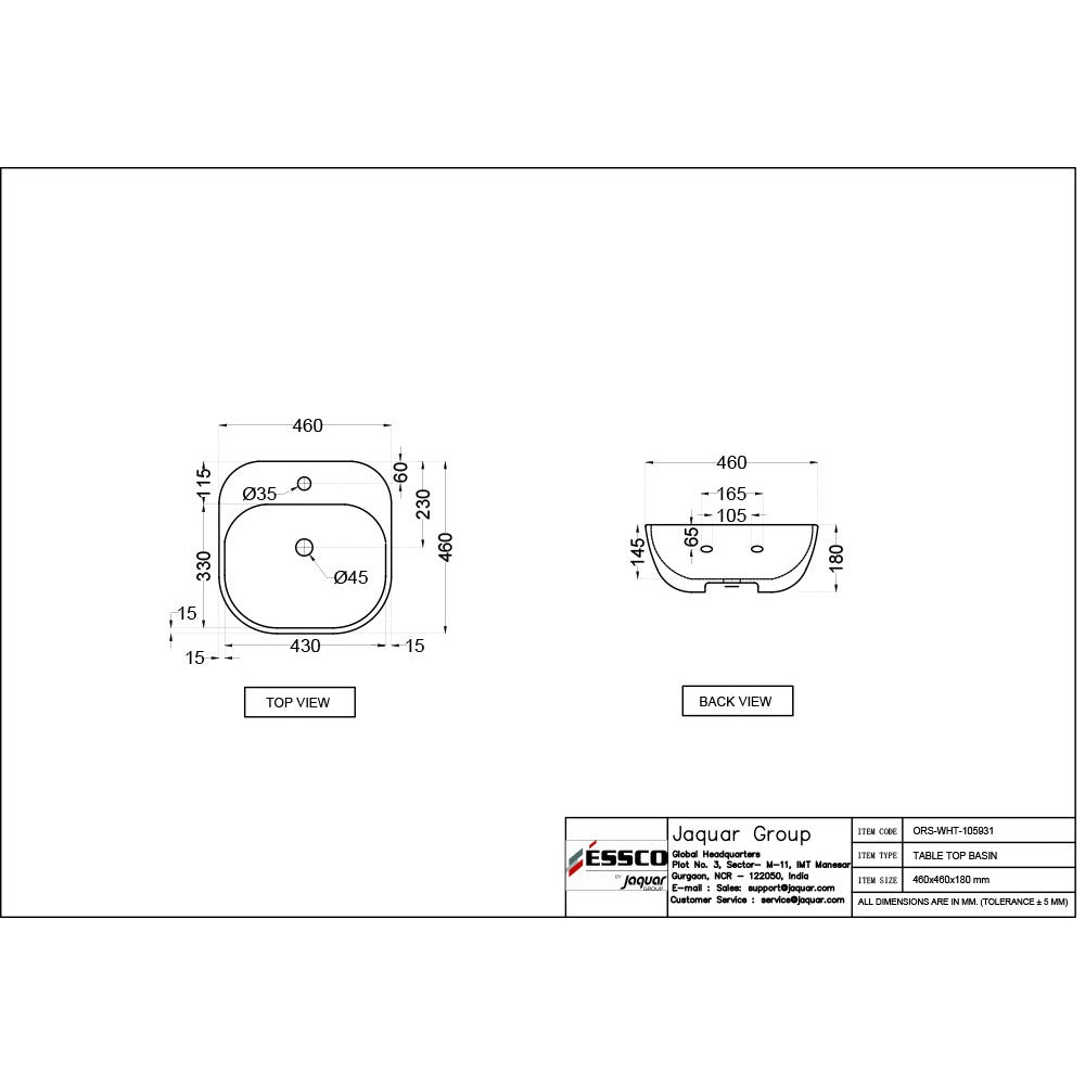 TABLE TOP WASH BASIN - ESSCO SWARE -  ( WHITE - ORBIT - 0x0 mm - 0inchx0inch )
