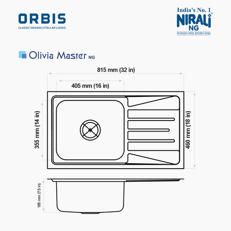 SS SINK OLIVIA BIG 1.0 BOWL W/DRAINBOARD (DEPTH 9INCH)OLIVIA MASTER - NIRALI -  ( SATIN - ORBIS CLASSIC DESIGN/STELLAR LOOKS - 815x460 mm - 32inchX18inch )