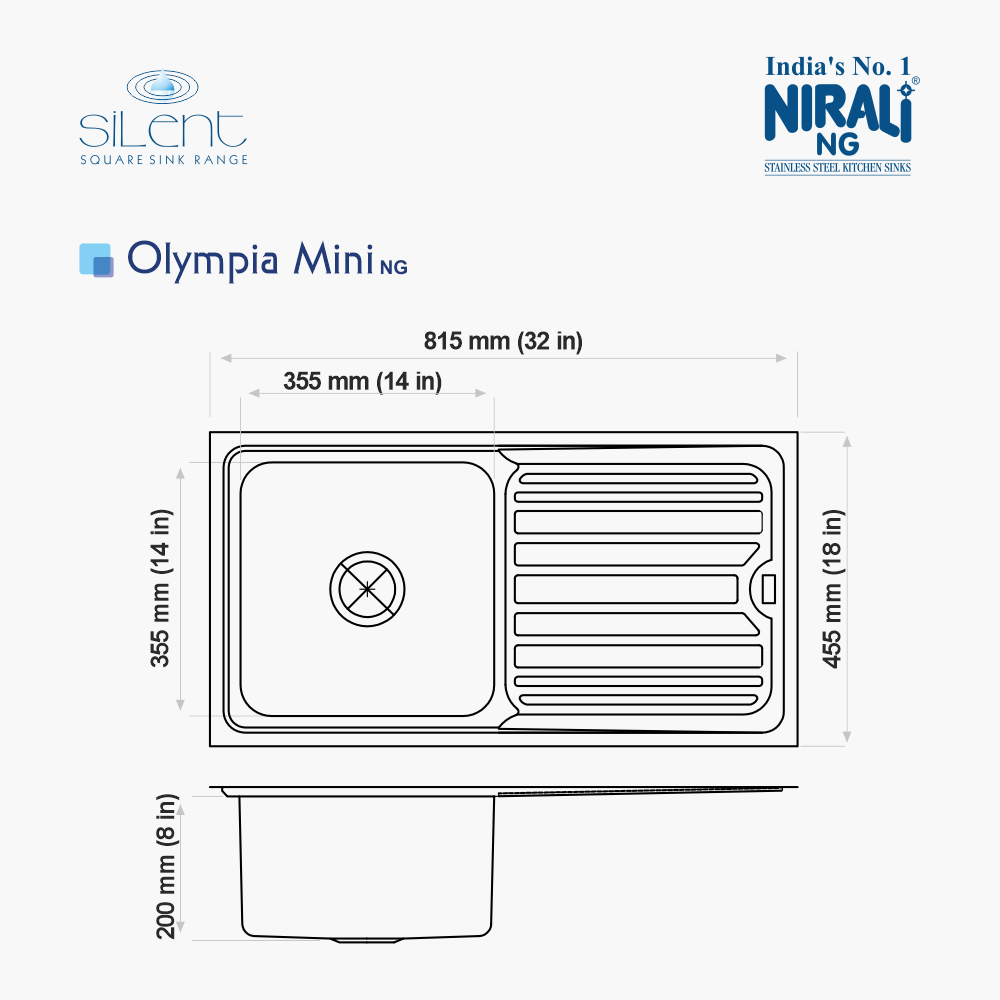 SS SINK 1 BOWL WITH DRAINBOARD (DEPTH 8INCH) OLYMPIA MINI - NIRALI -  ( GLOSSY - SILENT SQUARE - 815x455 mm - 32inchX18inch )