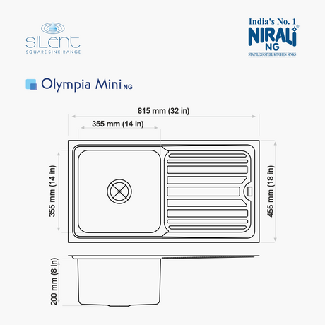 SS SINK 1 BOWL WITH DRAINBOARD (DEPTH 8INCH) OLYMPIA MINI - NIRALI -  ( GLOSSY - SILENT SQUARE - 815x455 mm - 32inchX18inch )