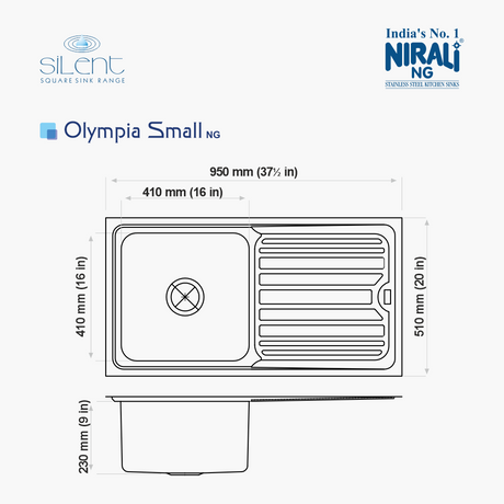 SS SINK 1 BOWL WITH DRAINBOARD (DEPTH 8INCH) OLYMPIA SMALL - NIRALI -  ( GLOSSY - SILENT SQUARE - 950x510 mm - 37.5inchX20inch )