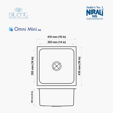 SS SINK 1.0 BOWL W/O DRAIN BOARD (DEPTH 8  )OMNI MINI - NIRALI -  ( SATIN - SILENT SQUARE - 410x410 mm - 16.4inchX16.4inch )