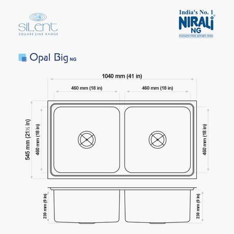 SS SINK 2.0 BOWL W/O DRAIN BOARD (DEPTH 9  )OPAL BIG - NIRALI -  ( ANTI-SCRATCH - SILENT SQUARE - 1040x545 mm - 41inchX21.5inch )