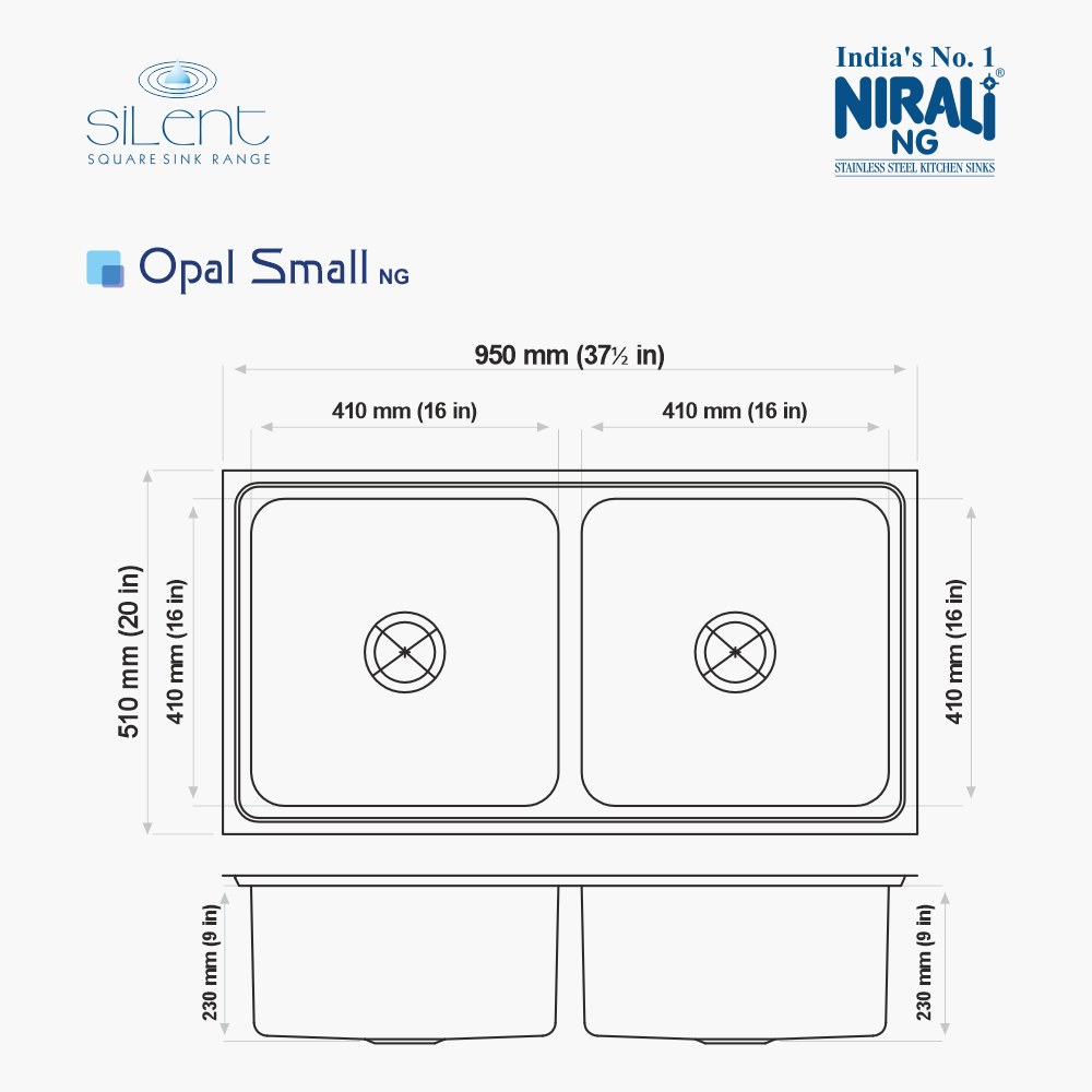 SS SINK 2.0 BOWL W/O DRAIN BOARD (DEPTH 9  )OPAL SMALL - NIRALI -  ( GLOSSY - SILENT SQUARE - 950x510 mm - 37.5inchX20inch )