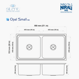 SS SINK 2.0 BOWL W/O DRAIN BOARD (DEPTH 9  )OPAL SMALL - NIRALI -  ( GLOSSY - SILENT SQUARE - 950x510 mm - 37.5inchX20inch )