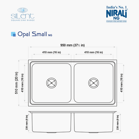 SS SINK 2.0 BOWL W/O DRAIN BOARD (DEPTH 9  )OPAL SMALL - NIRALI -  ( GLOSSY - SILENT SQUARE - 950x510 mm - 37.5inchX20inch )