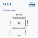 SS SINK 1.0 BOWL W/O DRAINBOARD (DEPTH 10INCH) ORBIS JUMBO - NIRALI -  ( GLOSSY - ORBIS CLASSIC DESIGN/STELLAR LOOKS - 685x535 mm - 27inchX21inch )