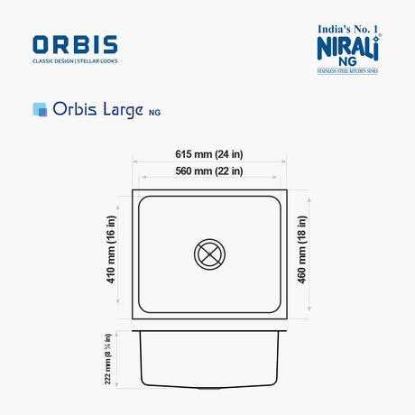 SS SINK 1.0 BOWL W/O DRAINBOARD (DEPTH 8.75INCH) ORBIS LARGE - NIRALI -  ( GLOSSY - ORBIS CLASSIC DESIGN/STELLAR LOOKS - 615x460 mm - 24inchX18inch )