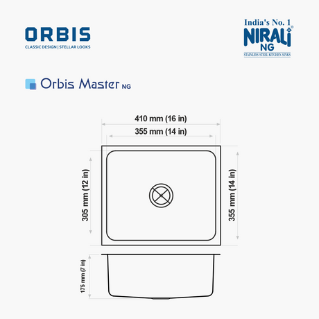 SS SINK 1.0 BOWL W/O DRAIN BOARD (DEPTH 7INCH) ORBIS MATSER - NIRALI -  ( GLOSSY - ORBIS CLASSIC DESIGN/STELLAR LOOKS - 410x355 mm - 16inchX14inch )