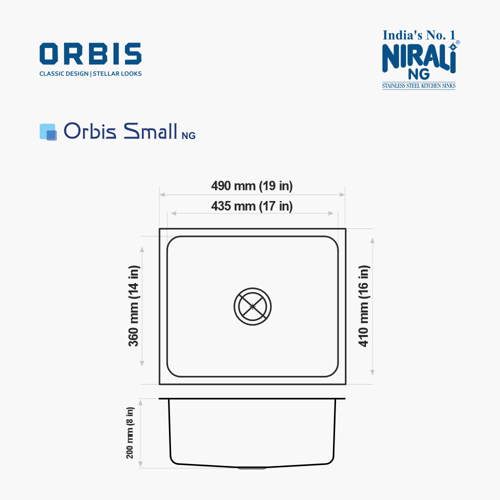 SS SINK 1.0 BOWL W/O DRAIN BOARD ( DEPTH 8INCH) ORBIS SMALL - NIRALI -  ( GLOSSY - ORBIS CLASSIC DESIGN/STELLAR LOOKS - 490x410 mm - 19inchX16inch )