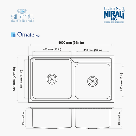 SS SINK 1.5 BOWL W/O DRAIN BOARD (DEPTH 9  )ORNATE BIG - NIRALI -  ( SATIN - SILENT SQUARE - 1000x545 mm - 39.5inchX21.5inch )