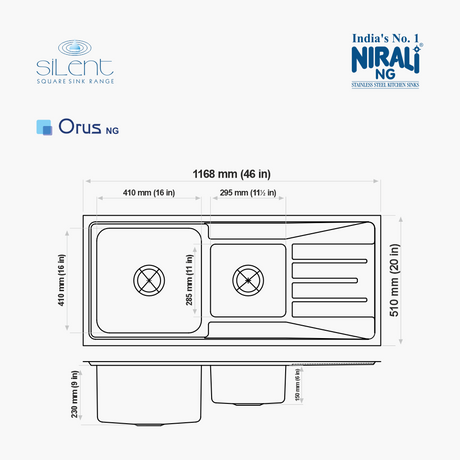 SS SINK 1.5 BOWL WITH DRAIN BOARD (DEPTH 9  )ORUS BIG - NIRALI -  ( ANTI-SCRATCH - SILENT SQUARE - 1170x510 mm - 46inchX20inch )