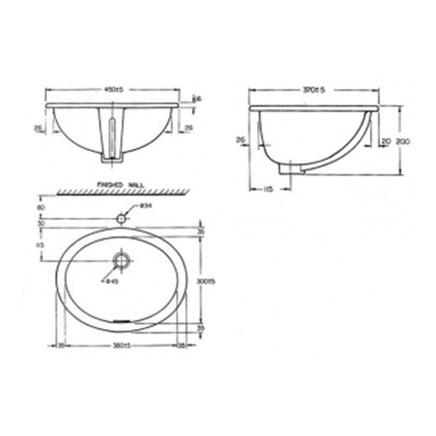 UNDERCOUNTER WASH BASIN - AMERICAN STANDARD -  ( WHITE - CADET - 475x400 mm - 19inchX16inch )