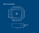 SS SINK 1.0 BOWL W/O DRAIN BOARD (DEPTH 8  )GRACE PLAIN SUPER - NIRALI -  ( SATIN - POPULAR SINK RANGE - 610x510 mm - 24inchX20inch )