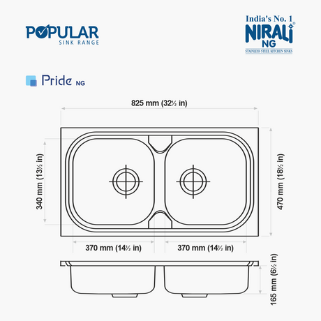 SS SINK 2.0 BOWL W/O DRAIN BOARD (DEPTH 6.5  )PRIDE - NIRALI -  ( GLOSSY - POPULAR SINK RANGE - 825x470 mm - 32.5inchX18.5inch )