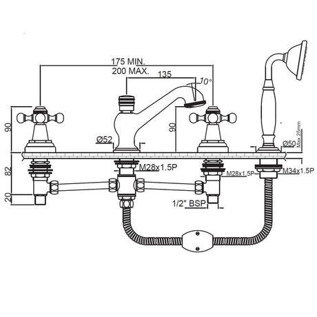 4 HOLE BATH TUB MIXER-2C.COCK 1SPT /1TELSHR. - JAQUAR FAUCETS -  ( ANTIQUE BRONZE - QUEENS - 0x15 mm - 0inchX0.5inch )