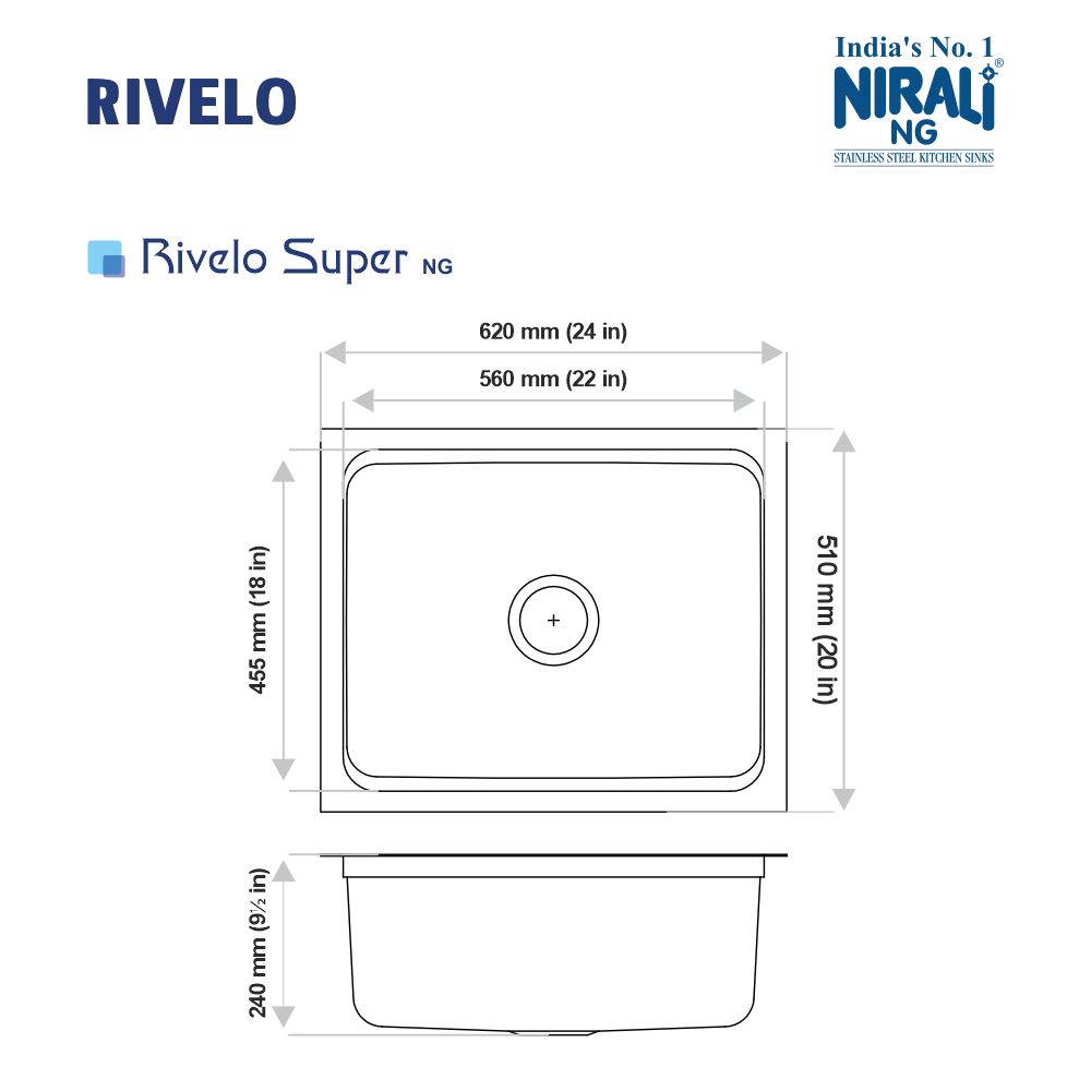 SS SINK 1.0 BOWL W/O DRAIN BOARD, SS MULTI PURPOSE VEG TRAY , SS VEG BOWL & CHOPPING BOARD (DEPTH 9.5INCH) RIVELO SUPER - NIRALI -  ( GLOSSY - MULTI FUNCTIONAL SINK - 620x510 mm - 24inchX20inch )
