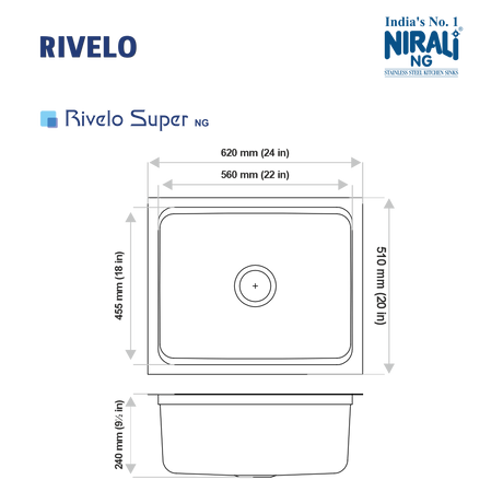 SS SINK 1.0 BOWL W/O DRAIN BOARD, SS MULTI PURPOSE VEG TRAY , SS VEG BOWL & CHOPPING BOARD (DEPTH 9.5INCH) RIVELO SUPER - NIRALI -  ( GLOSSY - MULTI FUNCTIONAL SINK - 620x510 mm - 24inchX20inch )
