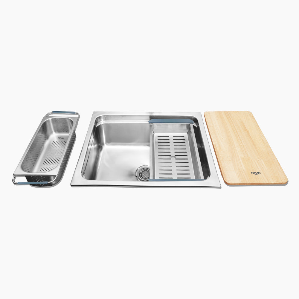SS SINK 1.0 BOWL W/O DRAIN BOARD, SS MULTI PURPOSE VEG TRAY , SS VEG BOWL & CHOPPING BOARD (DEPTH 9.5INCH) RIVELO SUPER - NIRALI -  ( GLOSSY - MULTI FUNCTIONAL SINK - 620x510 mm - 24inchX20inch )