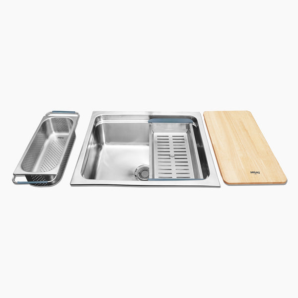 SS SINK 1.0 BOWL W/O DRAIN BOARD, SS MULTI PURPOSE VEG TRAY , SS VEG BOWL & CHOPPING BOARD (DEPTH 9.5INCH) RIVELO SUPER - NIRALI -  ( GLOSSY - MULTI FUNCTIONAL SINK - 620x510 mm - 24inchX20inch )