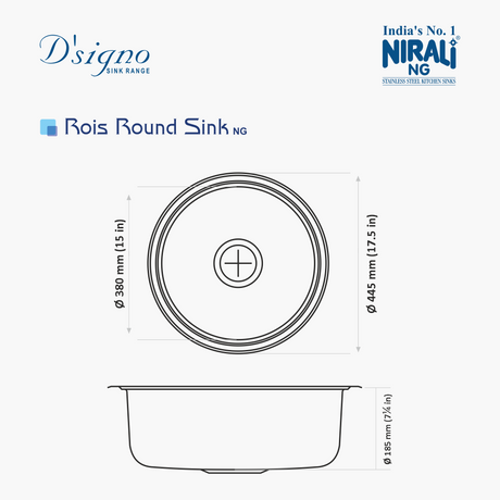 SS 1.0 BOWL (DEPTH 7.5  ) ROIS ROUND SINK - NIRALI -  ( SATIN - D SIGNO - 0x445 mm - 0inchX17.5inch )