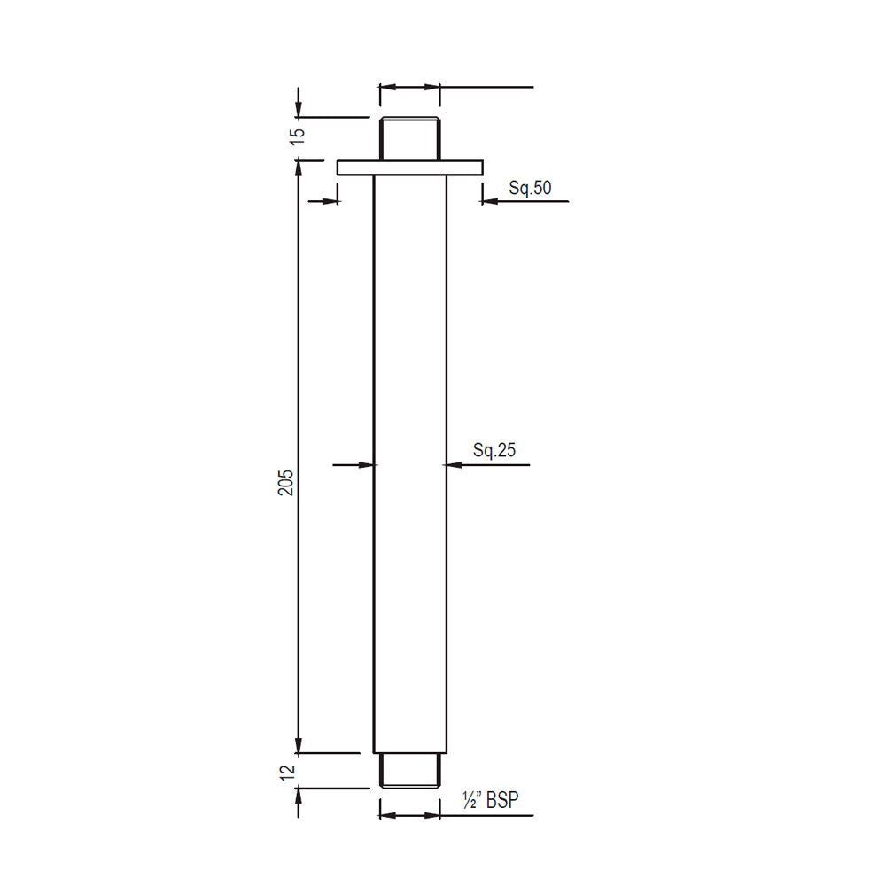 SHOWER ARM SQ.CEILING MNTD W/FLANGE - JAQUAR FAUCETS - ( BLACK MATT - SHOWER ACC. - 15x200 mm - 0.5inchX8inch )