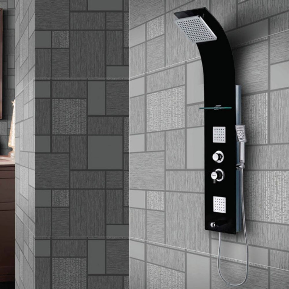 THERMO SHOWER PANEL W/BUTTON SPT - JAQUAR FAUCETS - ( S.STEEL BLACK - GLASS BLACK -1400X250mm - 56inchx10inch )