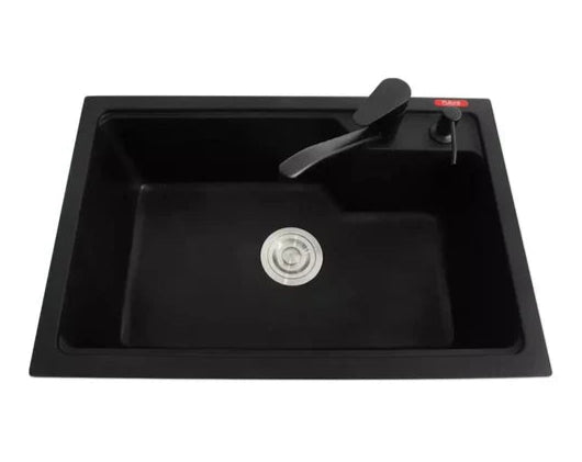 1.0 BOWL QUARTZ SINK W/FA-04 LIQUID SOAP DISPENSER, FA-05A WASTE COUPLING & FA-02A QUARTZ FAUCET (DEPTH 9INCH) - FUTURA -  ( BLACK -  - 680x450 mm - 27.2inchX18inch )