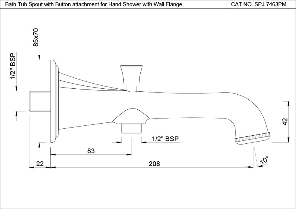 BATH TUB SPOUT WITH BUTTON ATTACHMENT - JAQUAR FAUCETS -  ( BLACK CHROME - SPOUT - 0x15 mm - 0inchX0.5inch )