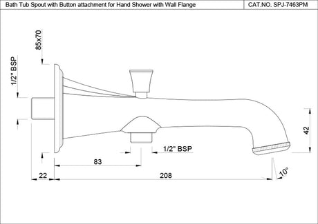 BATH TUB SPOUT WITH BUTTON ATTACHMENT - JAQUAR FAUCETS -  ( BLACK CHROME - SPOUT - 0x15 mm - 0inchX0.5inch )