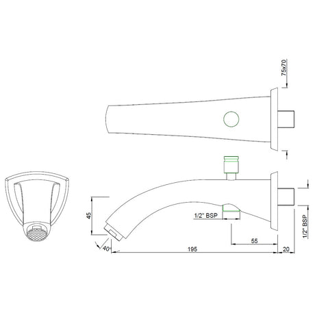 BATH TUB SPOUT W/ BUTTON & FLANGE - JAQUAR FAUCETS -  ( CHROME - SPOUT - 0x15 mm - 0inchX0.5inch )