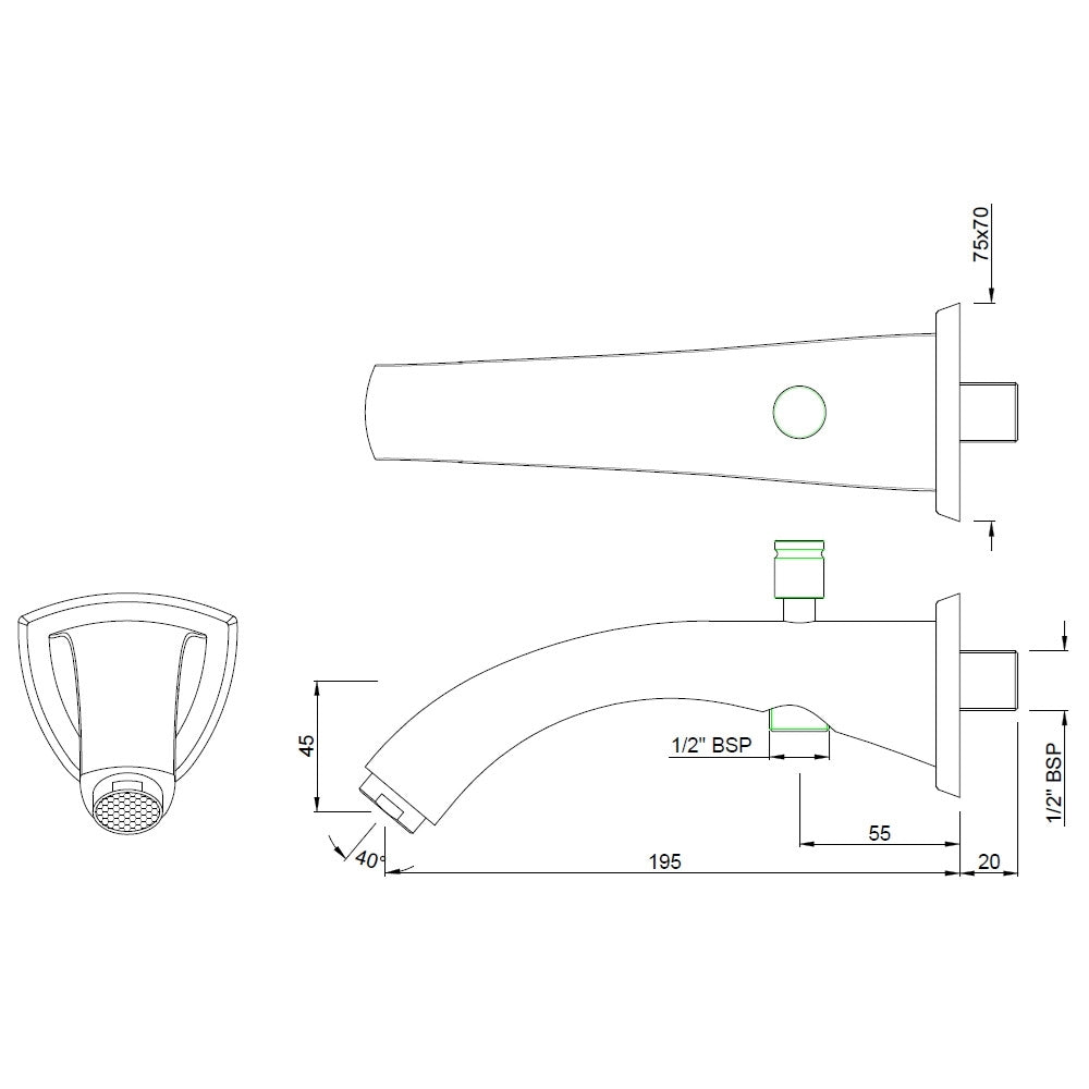 BATH TUB SPOUT W/ BUTTON & FLANGE - JAQUAR FAUCETS -  ( STAINLESS STEEL - SPOUT - 0x15 mm - 0inchX0.5inch )