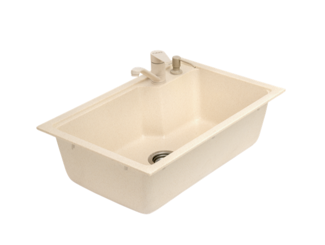 1.0 BOWL QUARTZ SINK WITH FA-04 LIQUID SOAP DISPENSER, FA-05A WASTE COUPLING & FA-02A QUARTZ FAUCET  (DEPTH 9) - FUTURA -  ( WHEAT SPOT -  - 480x450 mm - 19.2inchX18inch )