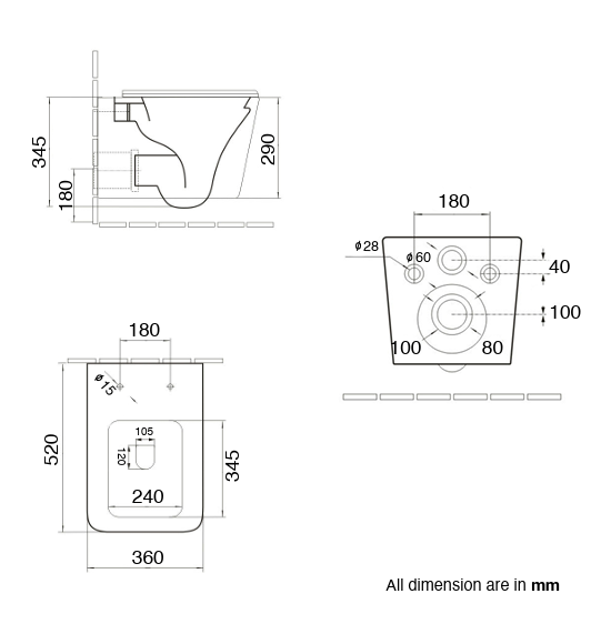 RIMLESS WALL HUNG WC WITH SOFT CLOSE UF SLIM SEAT COVER  ( BOLT DISTANCE 7INCH) - AQUANT -  ( MATT GREY -  - 520x350x345 mm - 20.8inchX14inchX13.8inch )