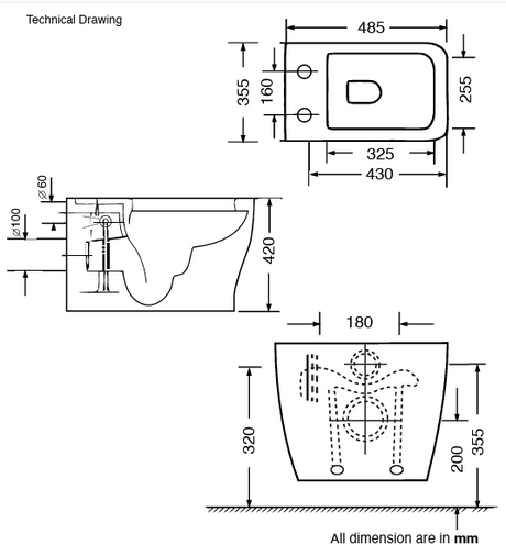 W/HUNG WC W/SLIM UF SEAT COVER ( BOLT DISTANCE 7INCH)-AQUANT-( WHITE-485x355x420 mm-19.4X14.2X16.8inch)